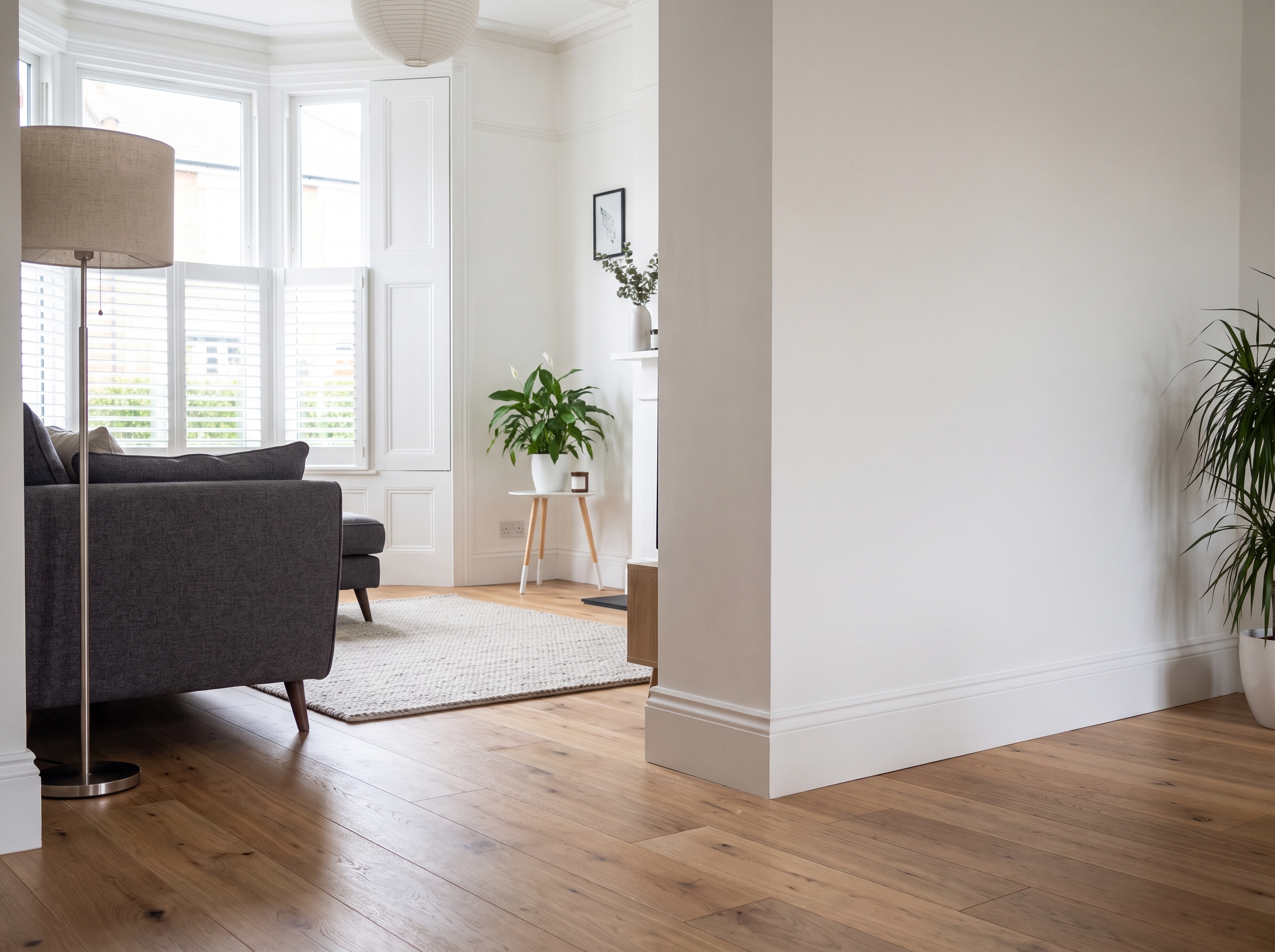 Newly fitted oak flooring and white skirting in a living room