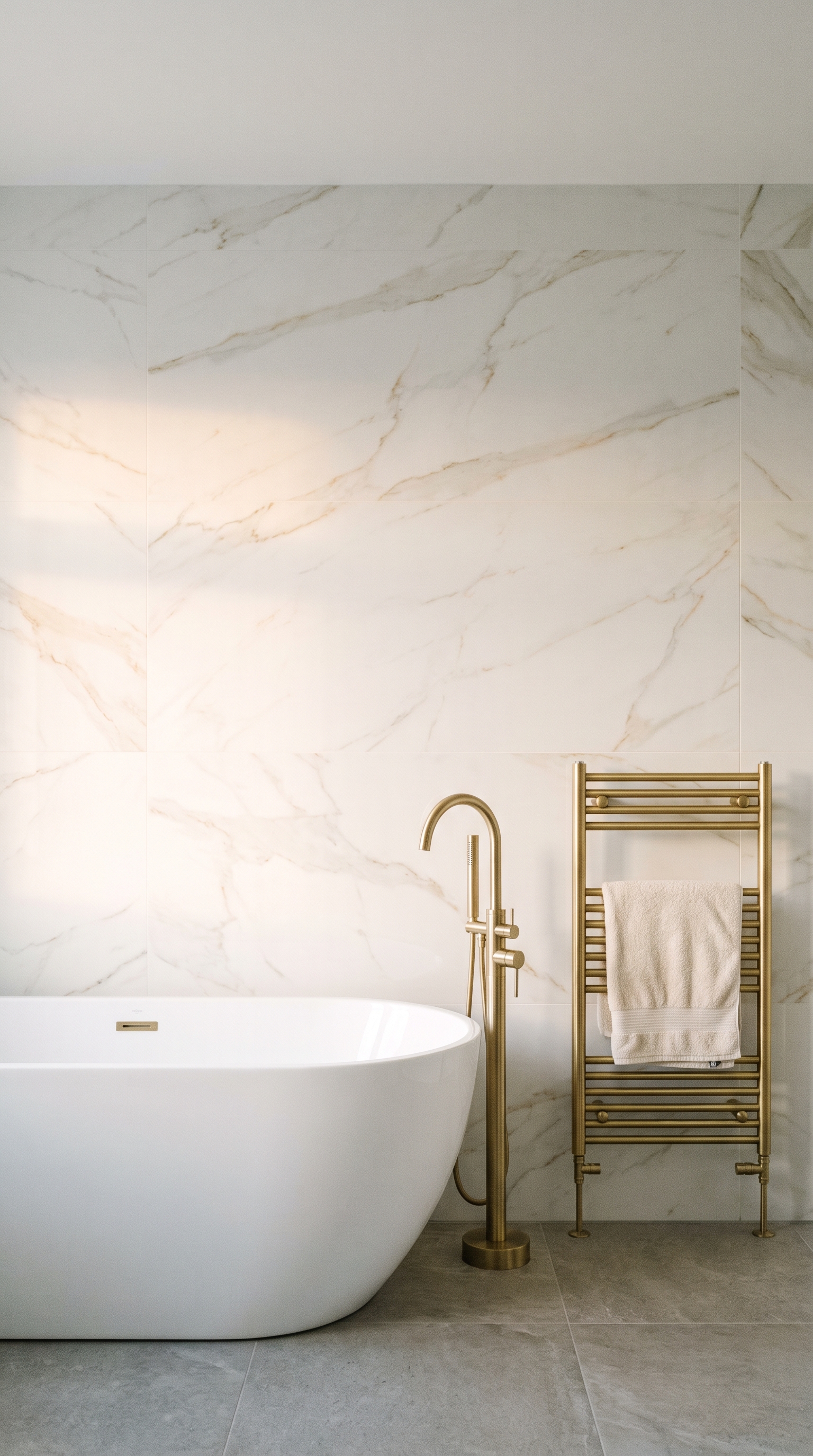 Renovated bathroom with marble tiles, brass fittings and a freestanding bath