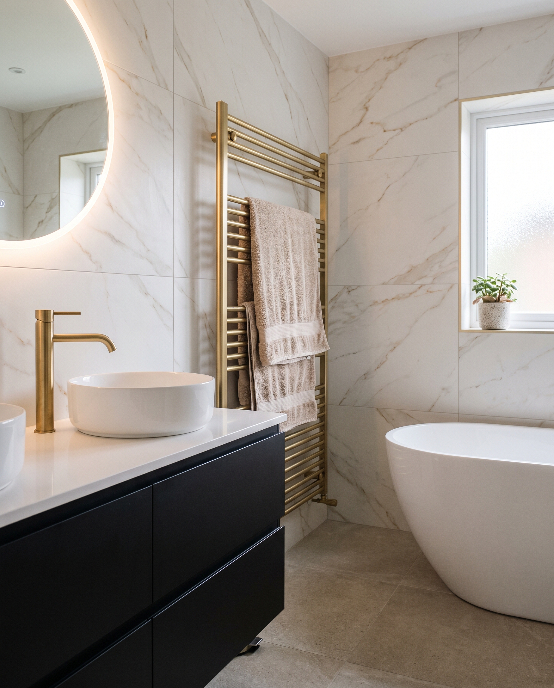 Renovated bathroom with a black vanity, brass tap and marble tiling