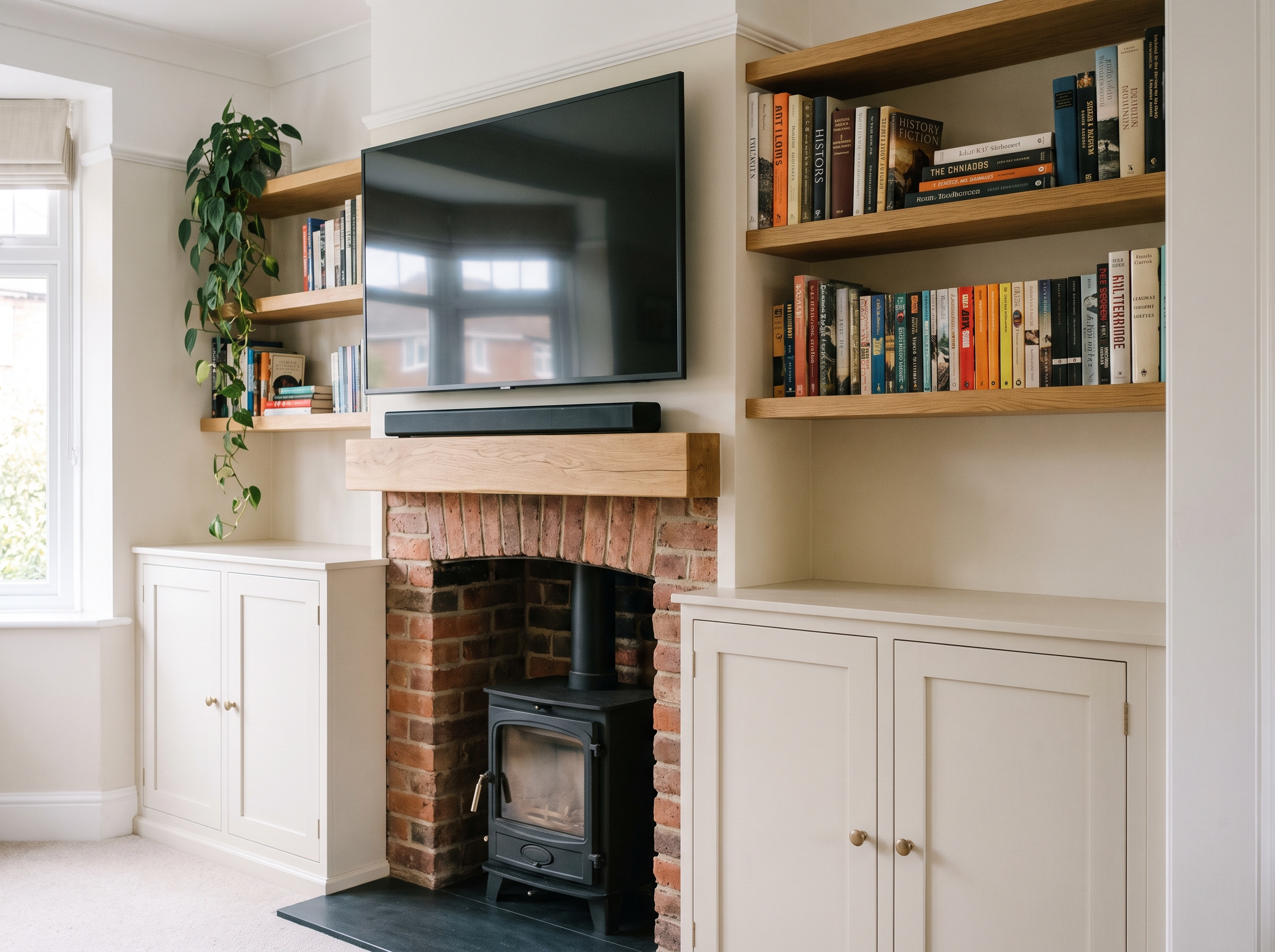 Bespoke fitted alcove units and oak floating shelves around a fireplace