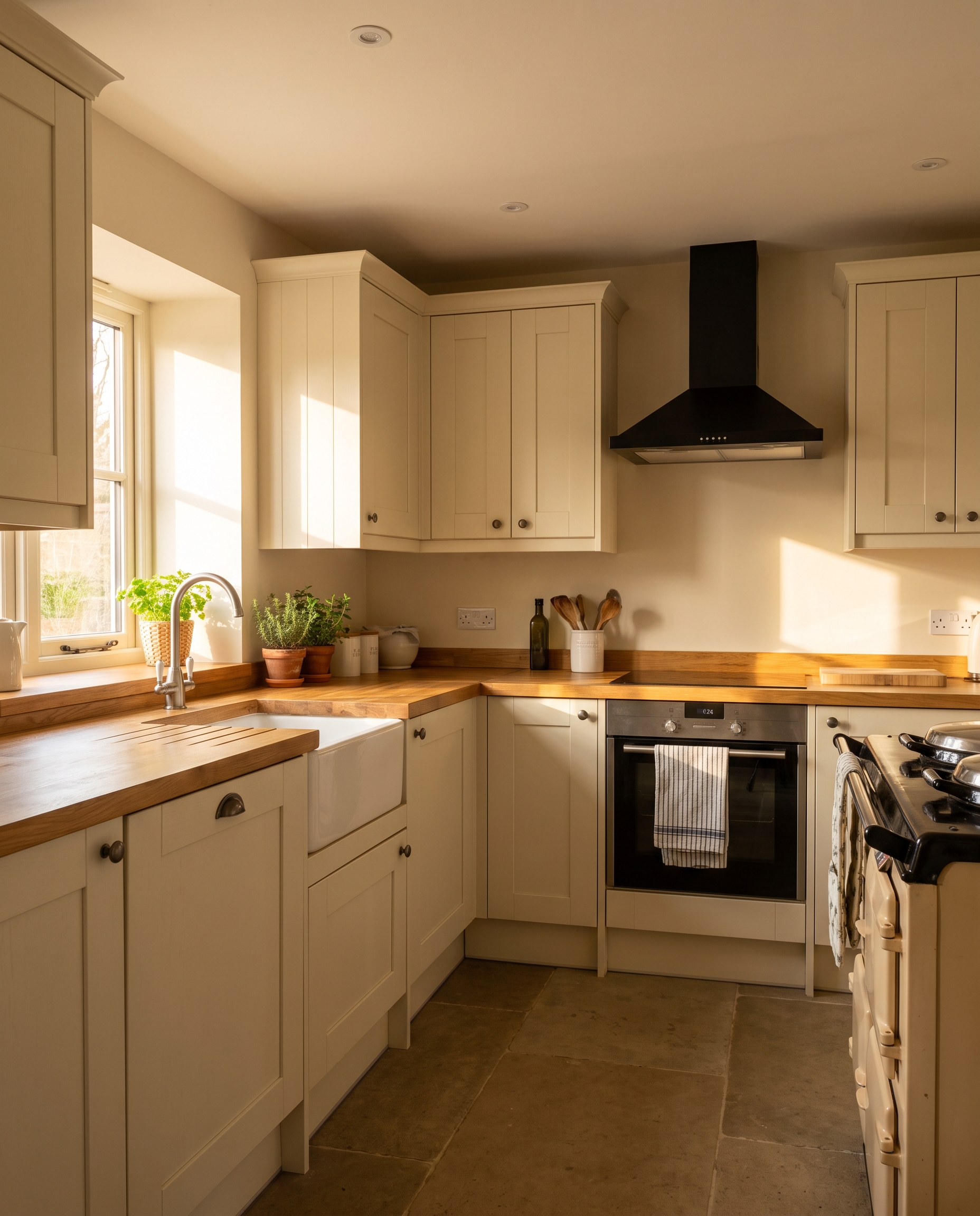 Newly fitted cream shaker kitchen with oak worktops and a Belfast sink